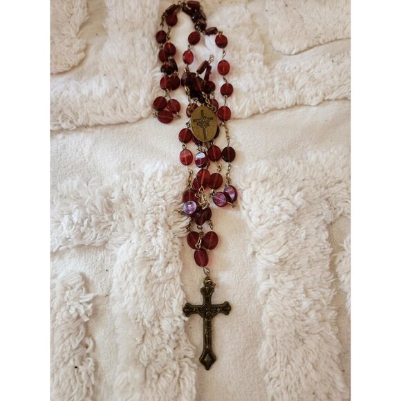 Vintage Red Glass Rosary Necklace – Bronze Cross & Medal - Picture 5 of 10